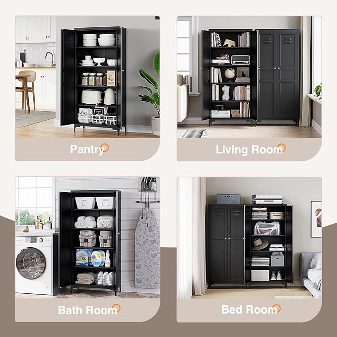 Yizosh Metal Pantry Cabinet,Tall Kitchen Pantry Storage Cabinet with Doors and Adjustable Shelves - 61" Black Cupboard Cabinet for Kitchen, Living Room,Dining Room,Home