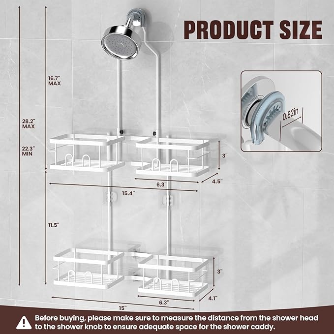 REINHARDT Adjustable Shower Caddy Hanging Rustproof Shower Caddy for Handheld Showerheads, Shower Organizer with Hooks Soap Holder Toothbrush Holder, Anti-Swing Shower Rack Bathroom Accessories, White