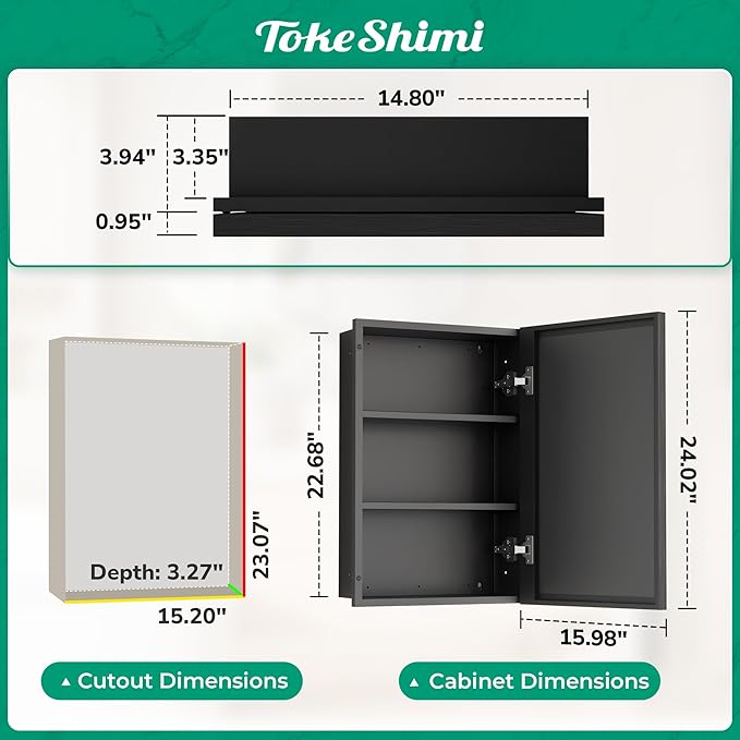 TokeShimi 16x24 Recessed Medicine Cabinet with Mirror, Black Bathroom Medicine Cabinet with Mirror, Bathroom Mirror with Storage, Beveled Aluminum Frame