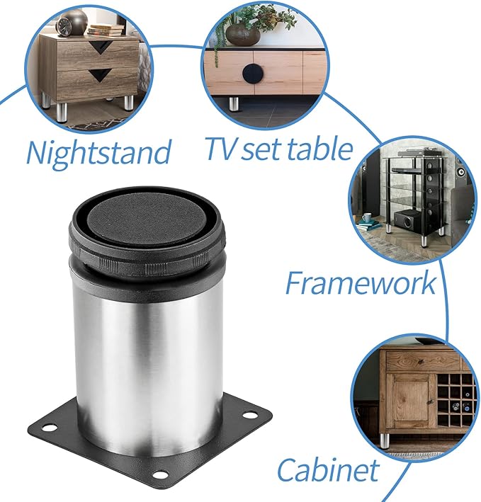 3 Inch Metal Furniture Legs Stainless Steel Adjustable Legs Silver Table Legs Round Cabinet Legs for Coffee Table Cabinet Desk Sofa Shelves, Pack of 4