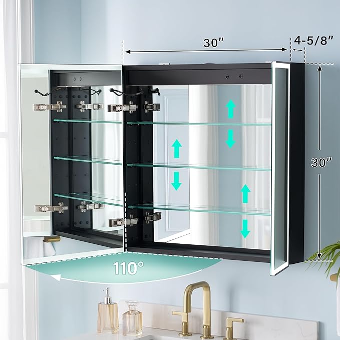 WELLFOR 30" X 30" LED Mirrored Medicine Cabinet, Medicine Cabinets with Lights for Bathroom, Defogging Function Mirror Cabinet, Bathroom Medicine Cabinet with USB Port & Outlet, Double Doors