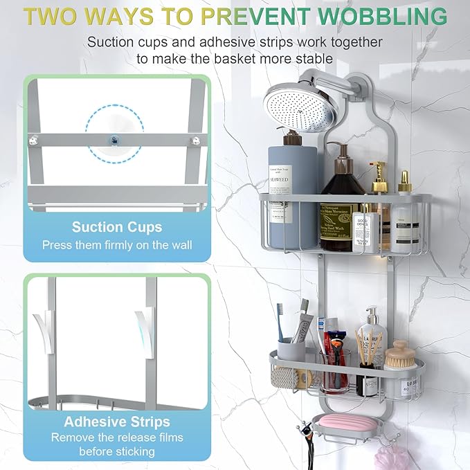 Kadolina Bathroom Hanging Shower Organizer, Over Head Shower Caddy Shower Storage Rack Basket with Hooks for Razor and Sponge Rustproof, Silver [Patented]