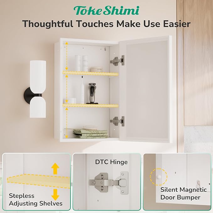TokeShimi 16 x 24 Recessed Medicine Cabinet with Mirror Surface Mounted, Aluminum White Medicine Cabinet with Mirror, Metal Beveled Bathroom Mirror with Storage