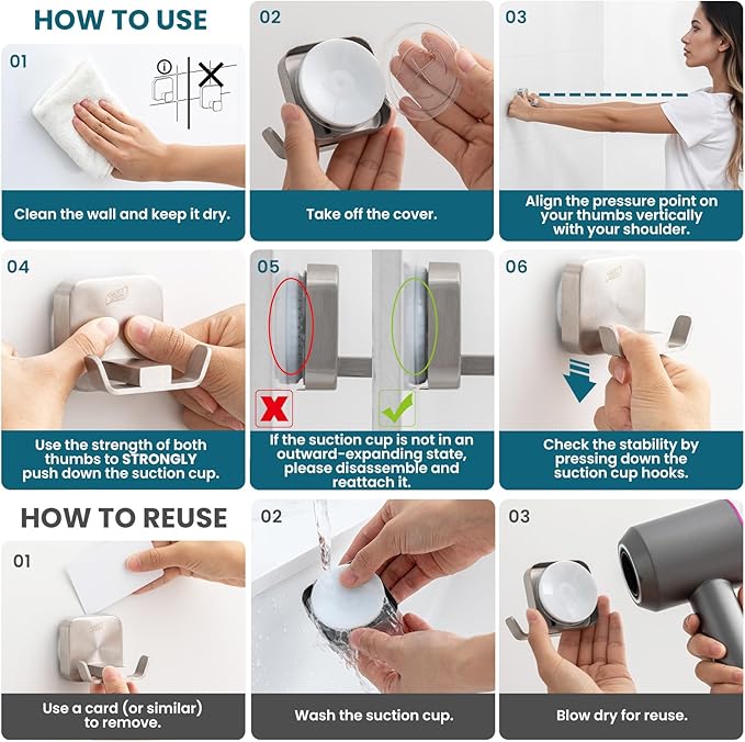 TAILI Stylish 304 Stainless Steel Bathroom Suction Hooks for Towel, Bathrobe, Loofah, No Damage Hanging Glass Shower Wall Hook, Patented Strong Suction Cup Holder, Hold Up to 11 Lbs, O-Cylinder Silver