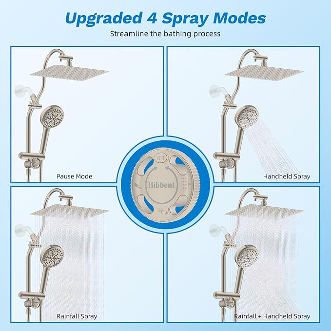 Hibbent cUPC Certified All Metal 12" Rainfall Showerhead Combo, High Pressure Shower Head with 10-Sprays Handheld, Innovative 4-way Diverter with Pause Mode, 71'' Shower Hose & Holder, Brushed Nickel