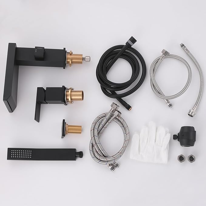Waterfall Roman Tub Faucet with Hand Shower, Deck Mount Tub Filler Bathtub Faucet with Sprayer, Brass Widespread 3 Hole Bathtub Shower Faucet Set, Matte Black