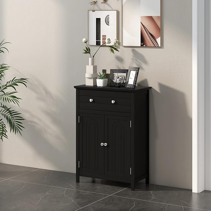 COSTWAY Bathroom Floor Cabinet, Wooden Side Storage Organizer w/Larger Drawer, Adjustable Shelf & 2-Door Cupboard, Freestanding Storage Cabinet for Living Room, Kitchen, Entryway (Black)