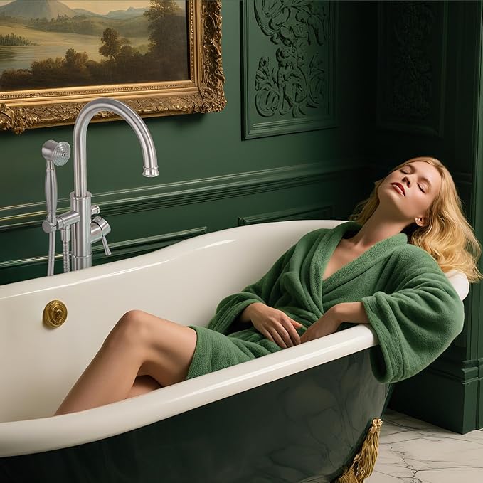 Free Standing Tub Faucet, Wintap Classic Freestanding Bathtub Faucet with Sprayer Brass Elegant Floor Mount Bath Faucets High Flow Roman Tub Filler, Brushed Nickel （WT-3311BN）