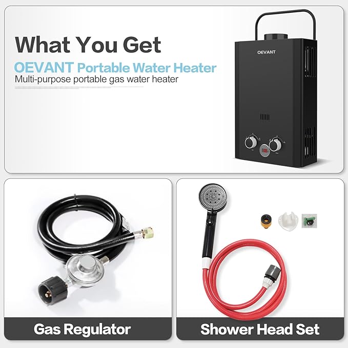 Propane Water Heater, 1.58GPM 6L Portable Tankless Water Heater with Handle & Overheating Protection, Propane Gas, Instant Hot Water for RV Camping, Outdoor Shower (BLACK)