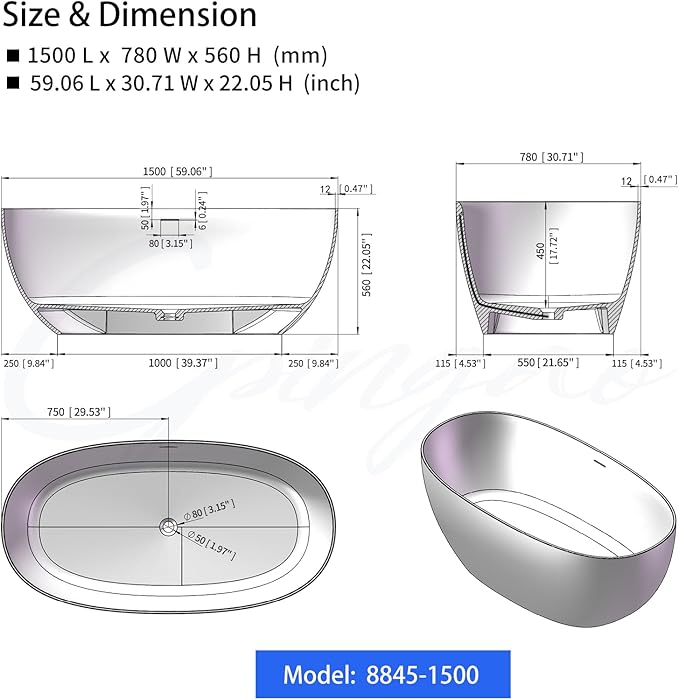 Cpingao 59" Stone Resin Freestanding Bathtub, Elegant Oval Shape Soaking Tub, Solid Surface Stand Alone Bathtub with Drain & Integrated Slotted Overflow Matte White 8845-1500