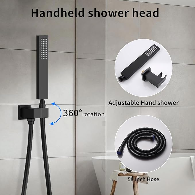 Bathroom shower system Ceiling 14x20 inch shower head, spray with handle, 6 PCS Body Jet and Handheld, temperature display shower faucet set (Matte Black)
