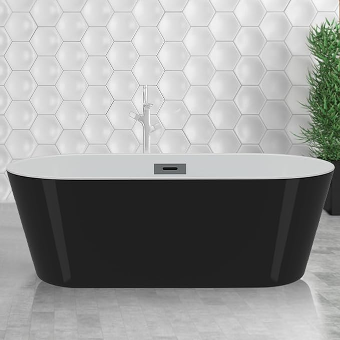 59" Deep Soaking Bathtub, Non-Slip Acrylic Tub with Chrome Drain, CUPC Certified, Ergonomic Modern Bath for Bathrooms, Easy-Install, Black Symmetrical