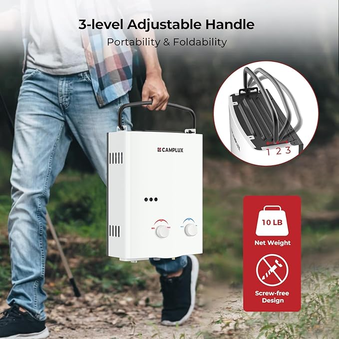 CAMPLUX Tankless Water Heater Outdoor, 1.32 GPM Portable Propane Camping Water Heater, 5L, AY132, White