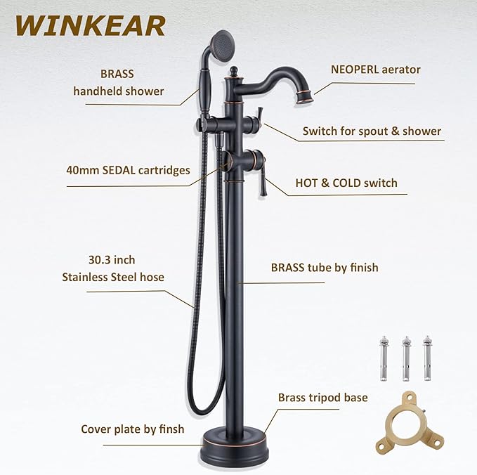 Freestanding Floor Mount Tub Filler with Handheld Shower Roman Bathtub Faucet by ORB Finish, Swivel Spout with Brass Rough-in and Water Hose