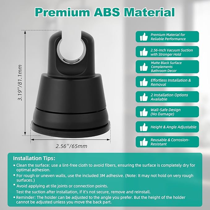Hibbent Vacuum Suction Cup Shower Head Holder, Removable Showerhead Bracket, Height Adjustable Shower Wand Holder & Wall Mount ABS Plastic Suction Holder for Handheld Shower Head, Matte Black
