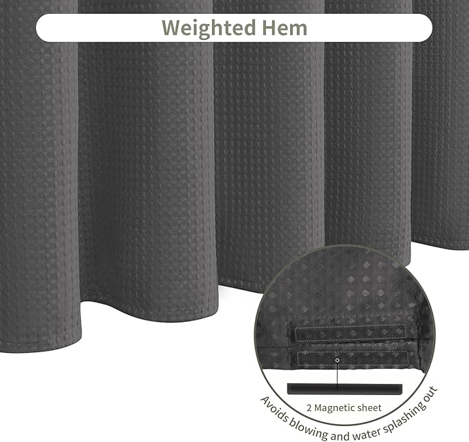 Inhousolu Fabric Shower Curtain Waffle Weave, Graphite Grey 230 GSM Heavy Duty, Weighted Hem, 14 Metal Hooks, Water Repellent, Machine Washable, Hotel Spa Luxury Bath Curtain Set, 72 x 84 Inch
