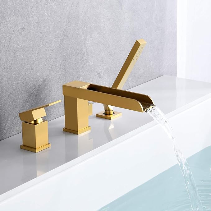Waterfall Roman Tub Faucets Deck Mount Brushed Gold Bathtub Faucets Brass Tub Filler Bathroom Faucets with Hand Shower