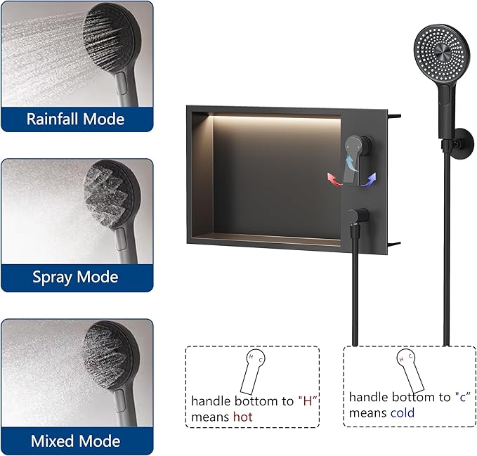 Shower Niche with Round Hand Shower, and LED Light in Matte Black/Horizontal