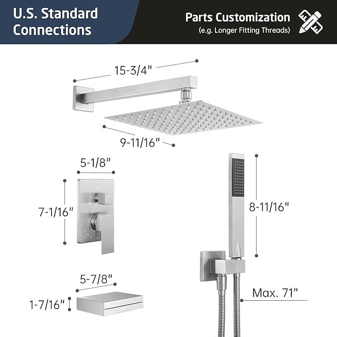 KES Bathtub Shower Faucet Set with Waterfall Tub Spout Shower System 3-Function Shower Faucets Sets Complete with 10 Inch Rain Shower Head, XB6305F18-BN