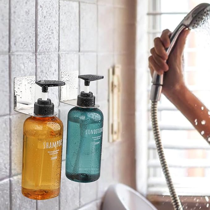 Segbeauty Stainless Adhesive Shampoo Bottle Holder, Dia 1.3inch 3.3cm Non-Drill Soap Dispenser Holder Set Silver, 3pcs Rustproof Shampoo Holder for Shower, Bottle Wall Mounted Rack for Toilet Kitchen