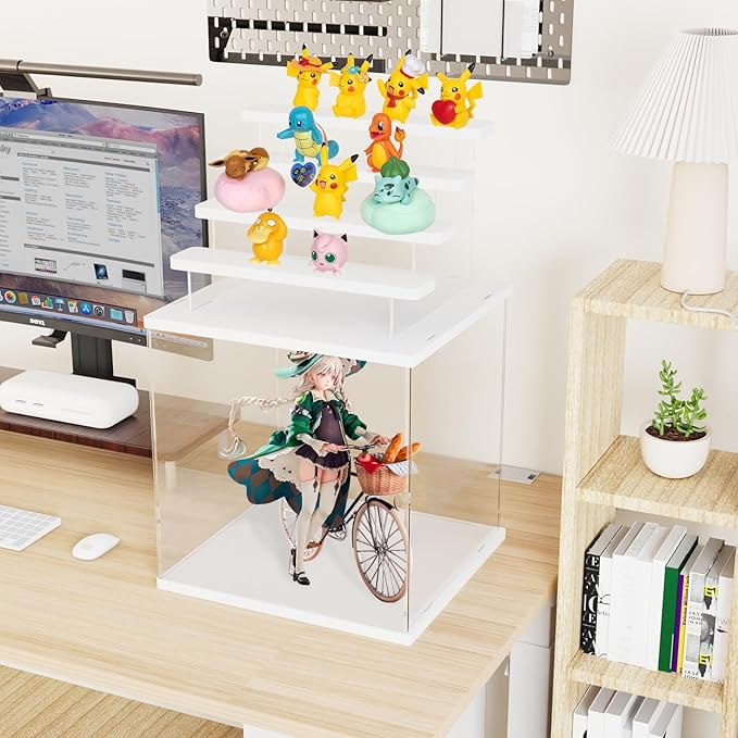 Choowin 5 Tier Clear Acrylic Lighted Display Case for Collectibles, Mini Figures, Pop Mart, Labubu, Sonny Angel, Smiski - Assemble Dustproof Display Box with Door, Stand (White Top Base, Clear Step)
