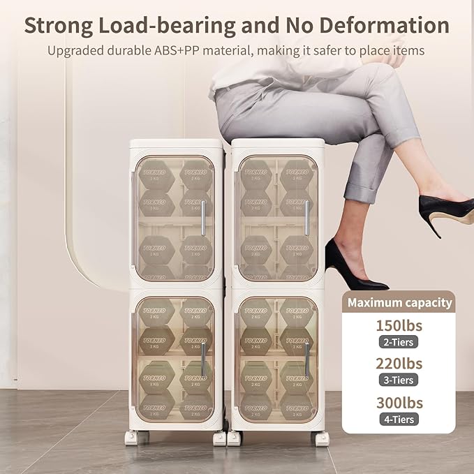 KHNR 4-Tiers Slim Bathroom Storage Cabinet, Foldable Storage Cabinets,Narrow Bathroom Storage,Movable Bathroom Storage Organizer for Small Spaces,Bathroom,Kitchen,Laundry,Cream White