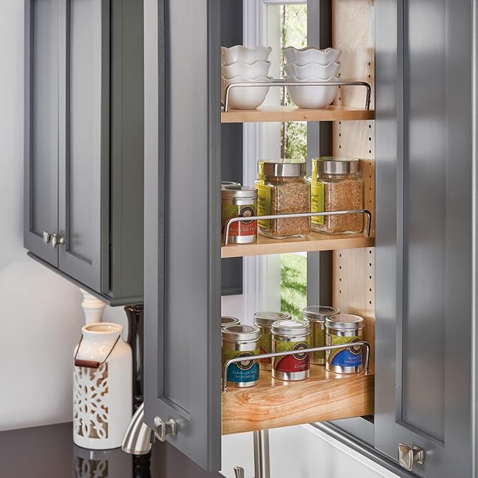 Rev-A-Shelf 8" Pull Out Shelf Organizer for Kitchen and Bathroom Cabinets, Wooden Slide Out Spice or Medicine Rack w/Soft-Close, 448-BBSCWC-8C