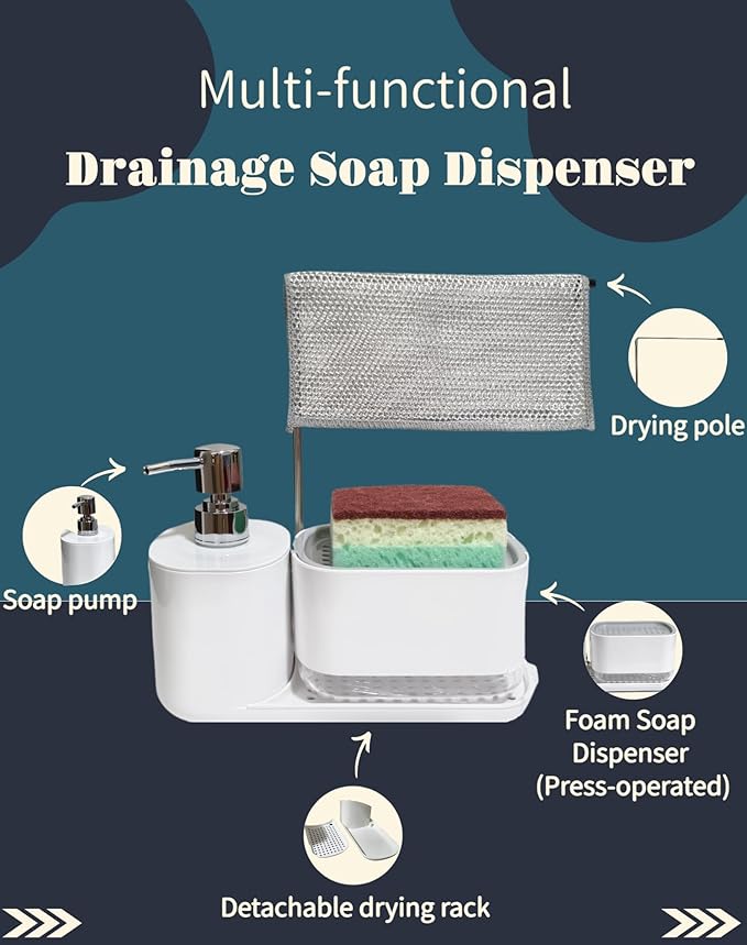 Dish Soap Dispenser & Sponge Holder 3-in-1 with Dual Pump & Drain Tray & Drying Pole - Multifunctional Kitchen Sink/Bathroom Organizer for Sponges and Hand Soap (White)