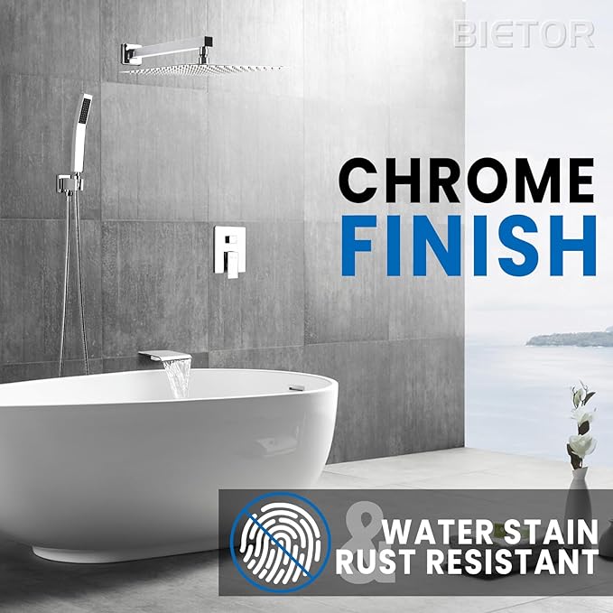 Wall Mounted Shower Faucet Set, Shower System with Tub Spout, 10 Inch Rainfall Shower Head with Handheld Spray, Waterfall Tub Spout Bathtub Faucet, Chrome