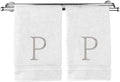 Monogrammed Hand Towel, Personalized Initial Gift, Extra Absorbent 100% Turkish Cotton - Soft Terry Finish - Set of 2 - Silver Block Initial P - Embroidered on White Towels