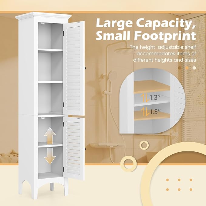 Tangkula 63" Tall Bathroom Storage Cabinet, Freestanding Narrow Linen Tower with Adjustable Shelf, Modern Slim Floor Cabinet with 2 Doors for Bathroom, Living Room, Kitchen (White)