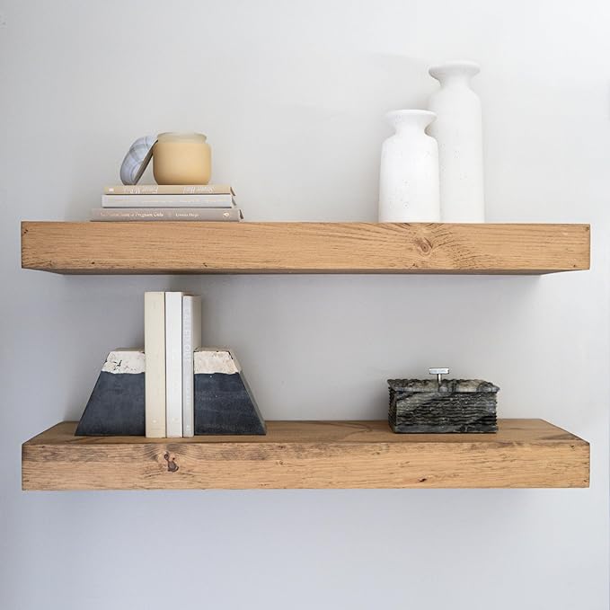 Urbandi Modern Floating Shelves 3 Inches Thick for Wall, Wide Shelves for Kitchen, Living Room, Bedroom, and Bathroom, Natural Pine Wood, Rustic Wooden Shelf, (Set of 2) (Aged Oak, 60Lx3Hx8D)