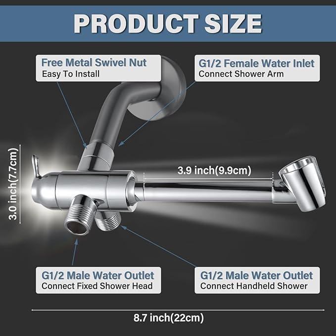 YDmeet All Metal Shower Diverter Valve with HandShower Holder - Upgraded 3 Way Shower Head for Handheld and Fixed Rain Showerhead - Universal G1/2 Bathroom Part, Polished Chrome