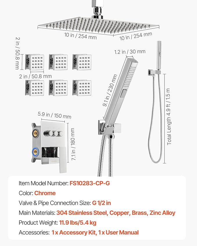 VEVOR Shower Faucet Set, 10 Inch Ceiling Mount Rainfall Shower System with 6 Body Jets and 2 in 1 Handheld Spray, Rotatable 3-Function Rain Head System Set, Complete Brass Valve and Trim Kit, Chrome
