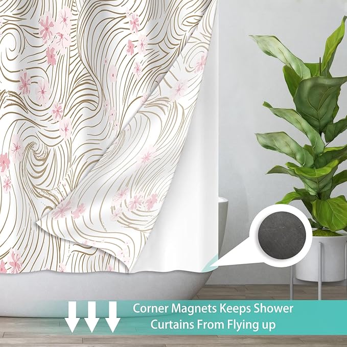 No Hook Shower Curtain Set with Snap in Fabric Liner for Bathroom,with See Through Top Window,Double Shower Curtain with Detachable Liner Replacement,Machine Washable,Pink Floral,71"x 74"
