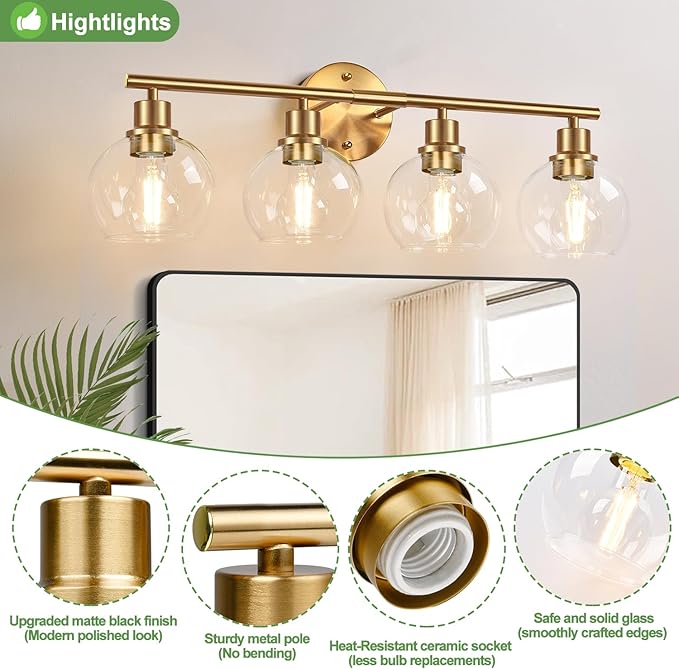 4-Light Bathroom Light Fixtures 2024 Upgrade, Gold Modern Vanity Lights Over Mirror with Clear Glass Globe Shade, Bathroom Wall Sconces for Mirror Kitchen Living Room Hallway Cabinet Bedroom Porch