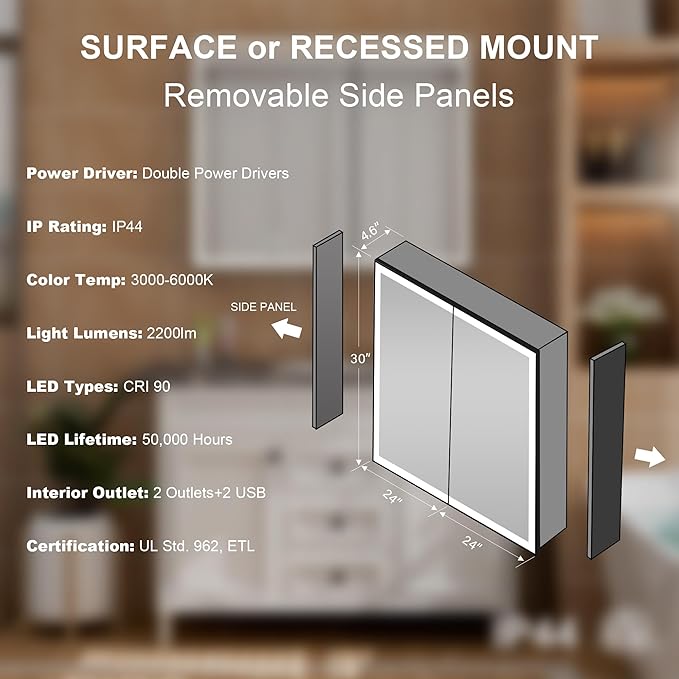 WELLFOR 48" X 30" LED Mirrored Medicine Cabinet, Medicine Cabinets with Lights for Bathroom, Defogging Function Mirror Cabinet, Bathroom Medicine Cabinet with USB Port & Outlet, Double Opening Doors