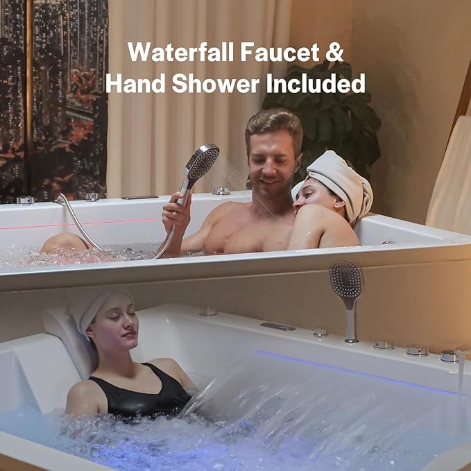 Empava PRO Series 71"x51" Jetted Bathtub, Alcove Spa Tub | 16 Hydro + 24 Air Jets, Chromotherapy & Waterfall | Thermostatic Control, Rectangular Acrylic Whirlpool Bathtub, White (ETL Certified)