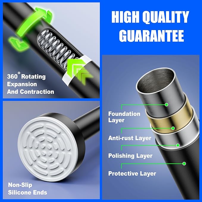 Ausemku Shower Curtain Rod - 32-43 Inch Rustproof Tension Rod, Non-Slip Spring Design, No Drilling Adjustable Curtain Rod for Bathroom, Kitchen, and Closet（Black）