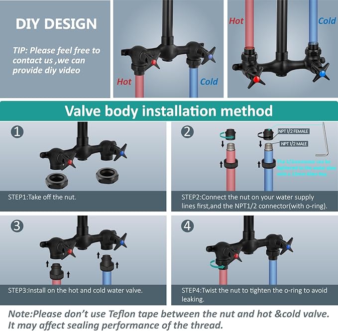 Aolemi Outdoor Shower Kit Fixtures Faucet System Double Handle Exposed Shower with Brass Mix Valve and Height-Adjustable Shower Pipe 6 Inch Center with Showerhead Matte Black