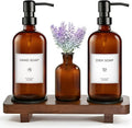 KEYWING Kitchen Soap Dispenser Set with Wood Tray, 16oz Amber Glass Soap Dispensers with Stainless Steel Pumps, Hand and Dish Soap Dispenser Set for Kitchen, Soap and Lotion Dispenser Set for Bathroom
