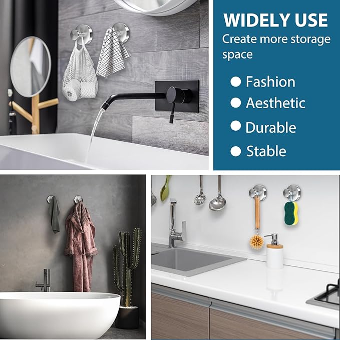 Suction Cup Hooks for Shower, 2 PCS No-Drill Towel Holder for Bathrooms Wall, Glass Door, Mirror, Tiles, Kitchen, Hold Robe & Wreath, Hanging up to 15 lbs – Waterproof & Rustproof, Loofah-Silver