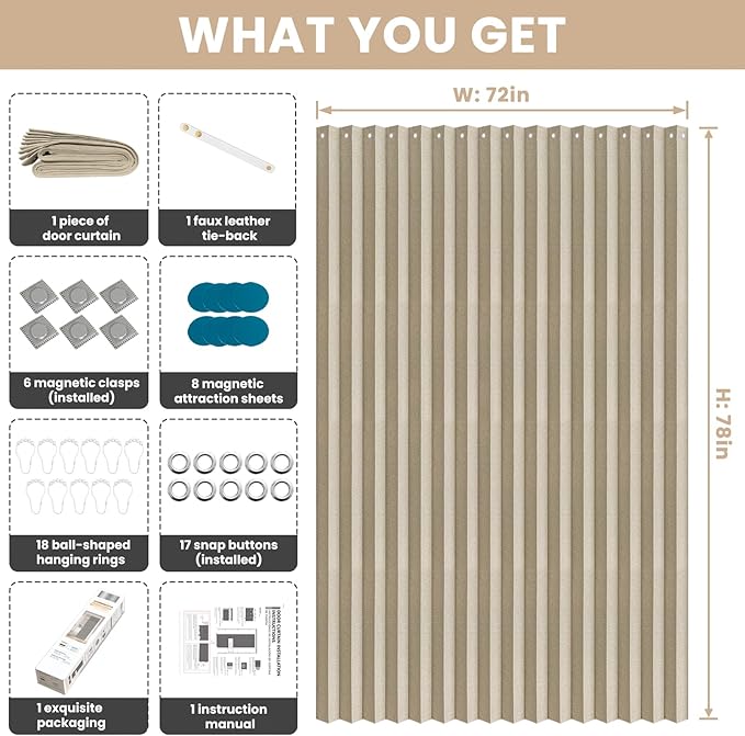 Accordian Door Curtain, 100% Blackout Folding Magnetic Doorway Curtains,Linen Style Closet Doors,for Room Divider,Privacy Protection（W72 x L78,Beige,1 Panel）