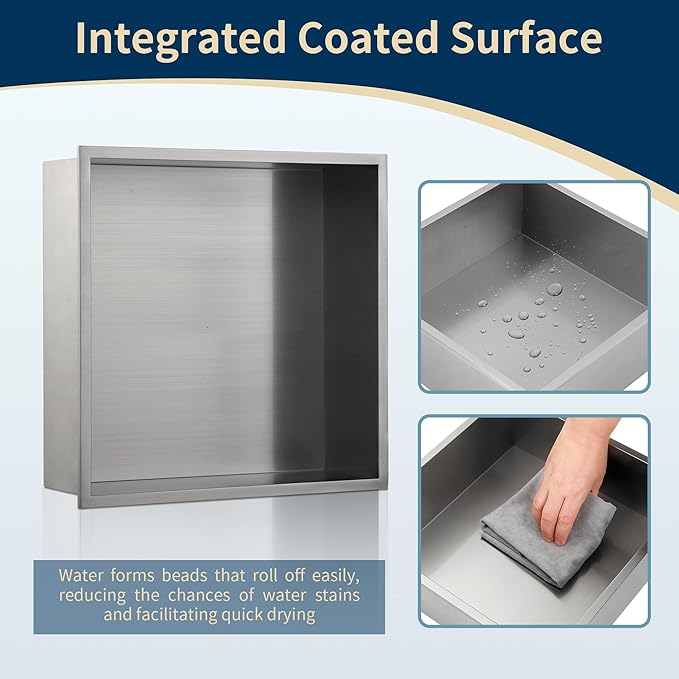 12x12 Shower Niche Insert Tile Ready, Brushed Nickel Recessed Wall Cabinet, Stainless Steel Wall Niche for Shower Wall, No Tile Needed Storage Organizer Waterproof