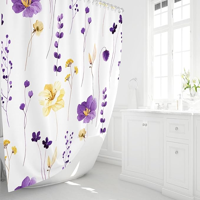 Gibelle Watercolor Floral Shower Curtain, Purple Yellow Flower Shower Curtain for Bathroom, Modern Minimalist Waterproof Fabric Shower Curtain Set 72x72 Inch