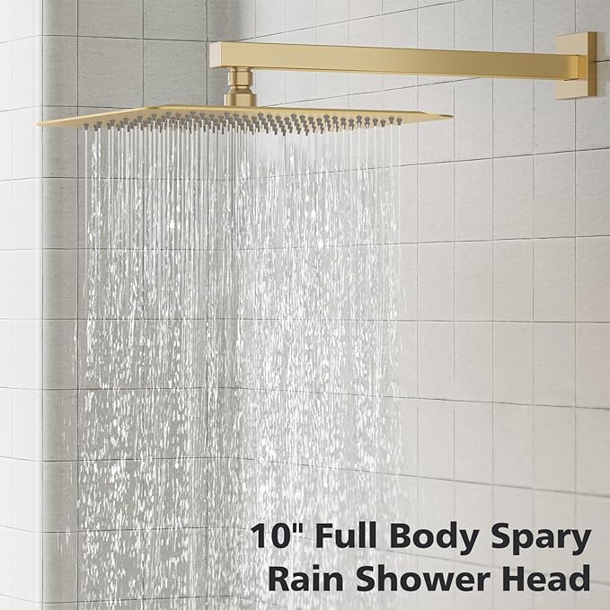 Gabrylly Gold Shower System, High-Pressure 10" Stainless Steel Rain Showerhead with handheld Spray Combo, Rainfall Shower Faucet Set Complete, 2 Way Valve Included, Brushed Gold