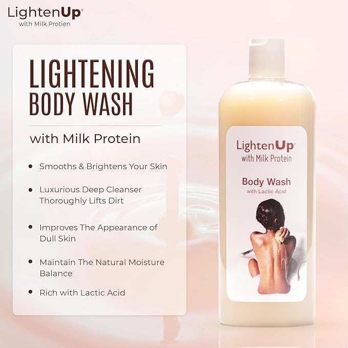 Lighten-Up LightenUp Lactic Acid Body Wash - 33.8 Fl oz / 1000 ml - Exfoliating Shower Gel, with Shea Butter and Coconut Oil, For All Skin Types