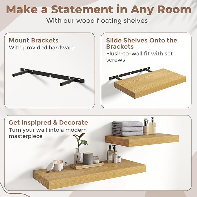 40 Inch Long Floating Shelves for Wall Set of 2, 12"D Wood Grain Bathroom Shelves with Invisible Brackets, Easy Install Engineered Wood Storage Shelves for Kitchen, Living Room, Bedroom, Oak Finish