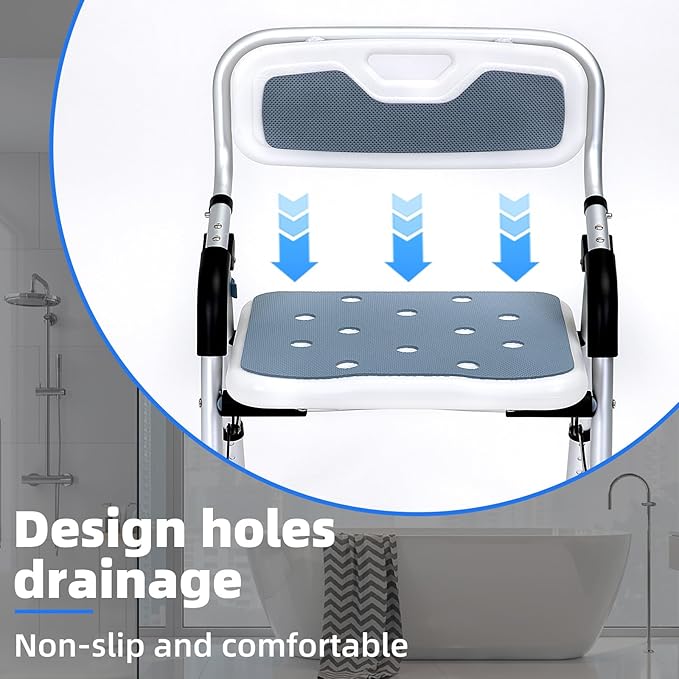 Shower Chair for Inside Shower,Foldable Shower Chair for Elderly and Disabled, Adjustable Height Chairs with Padded Arms and Back for Bathroom,Compact and Comfortable，Regular Standard