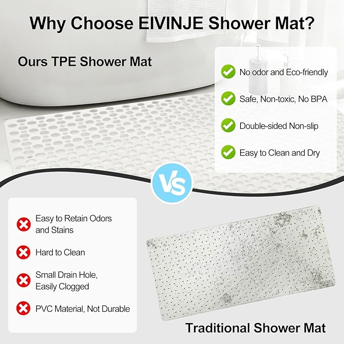 Non Slip Shower Mat with Suction Cups, 31.5x47.2 Inch Quick Drain TPE Anti Slip Shower Mats for Inside Shower, Large Shower Stall Mat Soft on Feet, Easy to Dry&Cut Machine Washable